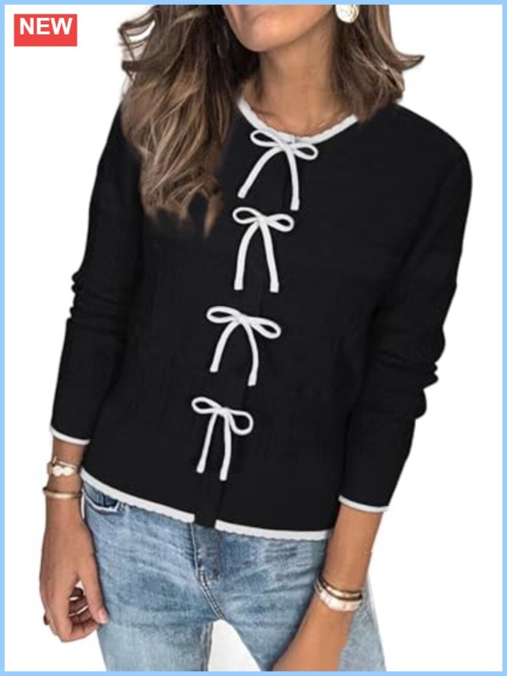 Women's Bow Sweater Cardigan Color Block Crew Neck Long Sleeve Casual Knit